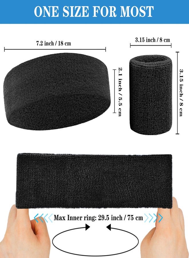 IMAGERIO 6 Pieces Sweatband Set Sports Headband Wristband Set, Moisture Wicking Athletic Sweatbands 4 Wrist Sweatband and 2 Headbands, Terry Cloth Sweat Absorbing Head Band for Workout -Black - Image 2